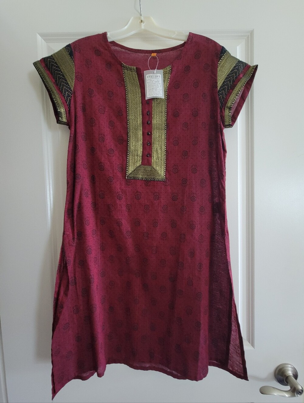 Boho Short-Sleeve Tunic Dress in Burgundy with Green Trim 100% Cotton